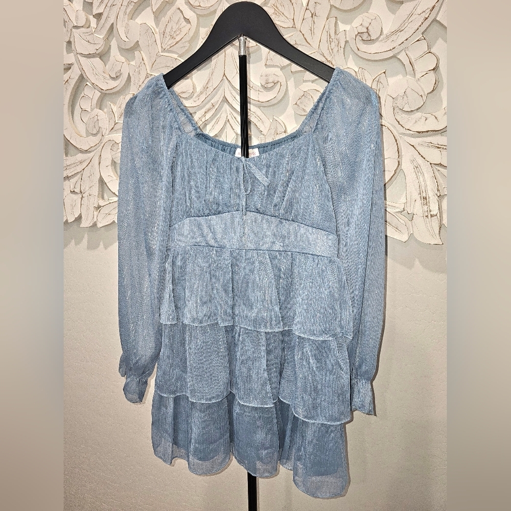 NWT Allison & Kelly Long-Sleeve Tiered Smocked Mini Dress Light Blue Girls Sz 14
